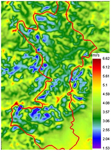 Figure 4. Wind speed contour over Huairou district at the height of 50 m.