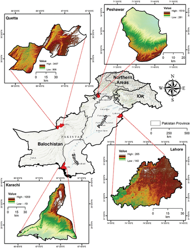 Figure 1. Geographical Representation of Study area (Cities location) (Pakistan Citation2022).