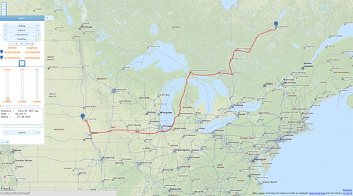 Figure 5. CarbonRoadMap screen shot presenting the paths which minimize delay. For the delay minimization solution, the path is red because the only mode of transport used is the truck.