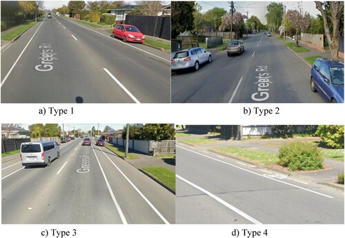 Figure 10. Greers Road displays all four types of road layouts along its length. Top left a) Type 1, top right b) Type 2, bottom left c) Type 3 and bottom right d) Type 4 (Google Street View, 2023).