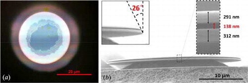 Figure 2. (a) Top view optical micrograph and (b) side view SEM image of the 30-µm LN double-disk WGM fabricated with femtosecond laser micromachining combined with FIB milling.