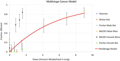 Figure 9. Comparison of dose-response for lung tumors in chloroprene bioassays in rodents.