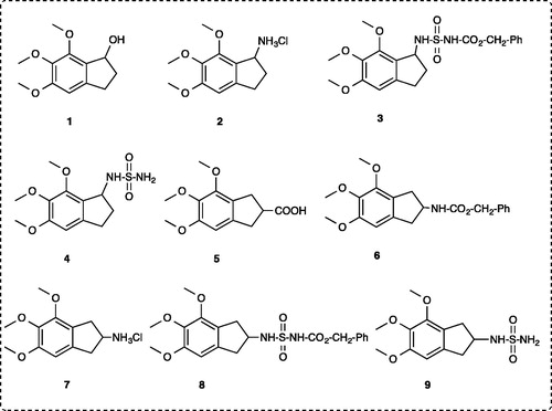 Figure 1. The chemical structures of trimethoxyindane derivatives (1–9) used for carbonic anhydrase isoenzymes (hCA I and II) and acetylcholine esterase enzyme (AChE) inhibition effects.