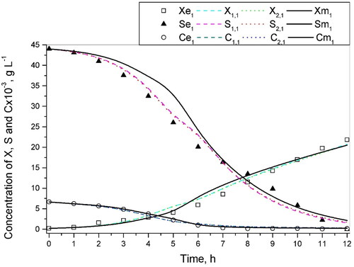 Figure 1. Concentration of biomass, lactose and oxygen for the 1st batch experiment. Xej, Sej and Cej – the experimental data for the four batch experiments, j = 1, …, 4; Xk,j – biomass concentration results obtained by using the model parameters for the first (k = 1) and the second case (k = 2), j = 1, …, 4. The indices ‘k,j’ for the concentration of lactose (Sk,j) and oxygen (Ck,j) are the same as those for Xk,j; Xmj, Smj and Cmj – simulated results obtained by the optimal solutions (case 4 in Table 2) of the model.