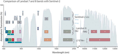 Figure 1. Comparison of spectral bands of Landsat 7 ETM+, L-8, and S-2. S-2 bands 5, 6, and 7 are red-edge channels, later referred to in the manuscript as RE1, RE2, and RE3, respectively (source: https://eros.usgs.gov/sentinel-2).