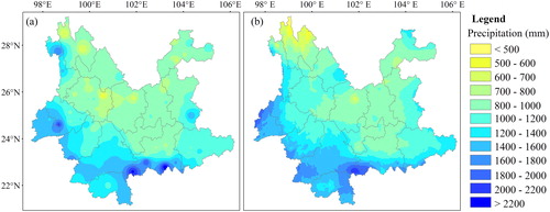 Figure 3. Spatial distribution of mean annual precipitation over Yunnan Province from 1981–2015 based on (a) rain gauge data and (b) CHIRPS data.