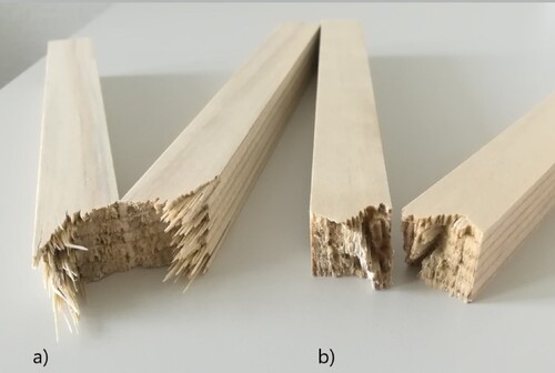 Figure 9. Fracture pattern of blue-stained samples after 3-P-Bending; a) fibrous fracture pattern in the tensile zone, b) plane fracture pattern across the entire fractured surface.