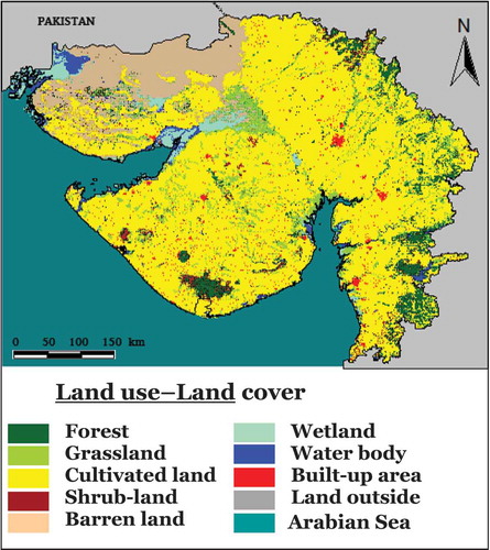 Figure 3. Classified map of land-use/land-cover of Gujarat obtained from 30-m resolution GLC30 (Citation2010) images.