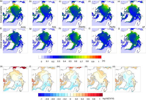 Fig. 13 Mean DJF sea ice thickness common variability (upper row) and internal variability (centre row). Lower row: log10 of relative variability [common (CV) divided by internal (IV)].