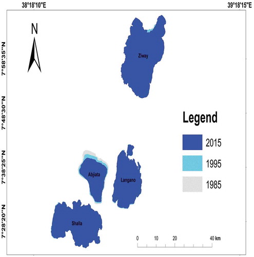 Figure A4. Map of the four lakes in the CRV and change in surface area over the study periods (1985, 1995 and 2015).