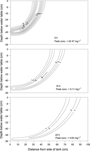 Figure 3 The simulated benzene plumes in the presence of bacteria at 9, 16, and 22 h after tracer injection (unit of isoline: mg l−1) using the model parameters in Table 2.