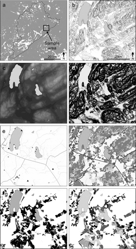 Figure 3. Examples of spatial information related to ecosystem services. (a) Sample area location. (b) Elevation contours. (c) Raster elevation model derived from the contours. (d) Slope angle. (e) Infrastructure (roads, buildings, SoilWeather sites). (f) CORINE land-use classification. (g) Agricultural parcels classified by area. (h) Agricultural parcels classified by mean slope angle.
