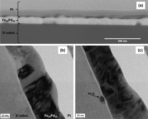 Figure 4. STEM (a) and bright field TEM (b) images of cross section of continuous Fe50Pd50 (thickness 50 nm) annealed at Ta = 600°C for 1200 s. In (b) Pd2Si and L10 ordered phase are present.