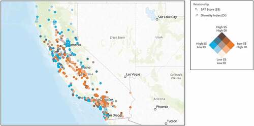 Figure 15. The map illustrates the negative relationship between SAT scores and the diversity index within a one-mile radius of each school location.