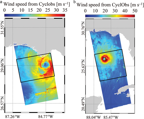 Figure 4. Wind maps from CyclObs over (a) TC Hermine and (b) TC Michael. The black rectangle represents the spatial coverage of the image in Figure 1.