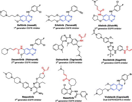 Figure 1. First-, second- and third generation EGFR inhibitors and dual EGFR/VEGFR-2 inhibitor.