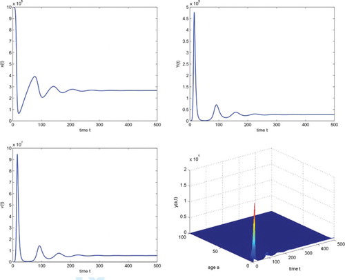 Figure 1. The temporal solution found by numerical integration of system (Equation4(4) x˙(t)=s−dx(t)−βx(t)v(t)1+αv(t)−x(t)∫0∞β1(a)y(a,t)da,∂y(a,t)∂t+∂y(a,t)∂a=−μ(a)y(a,t),v˙(t)=∫0∞k(a)y(a,t)da−uv(t),(4) ) with the boundary condition (Equation5(5) y(0,t)=βx(t)v(t)1+αv(t)+x(t)∫0∞β1(a)y(a,t)da,t>0,(5) ) and the initial condition x(0)=106 ml−1, v(0)=10−6 ml−1, and the parameters β=2.4×10−8 ml day−1, β1(a)=10−6 ml day−1.