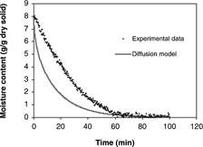 Figure 4 Diffusion model predictions of 0.7 cm diameter samples during convective hot air drying at 60° C and 3.0 m/s air velocity.