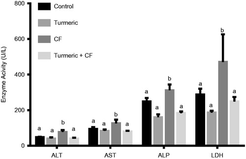 Figure 2. The effects of turmeric and CF on serum hepatic marker enzyme activities. Data are expressed as mean ± SD of seven animals per group. The bars with different superscript (a, b) denote significance differences based on an one-way ANOVA followed by Tukey’s multiple comparison tests.