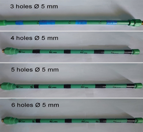 Figure 4. Arm pipe with different numbers of 5 mm holes tested.