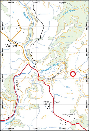 Figure 2. Location map for Tahuokaretu section, Tahuokaretu Stream, Weber (abstracted from NZ Topo50 map series, sheet BM37, Weber). The grid lines (NZTM) are aligned to true north and spaced at 1 km intervals; the section is located on the south bank of Tahuokaretu Stream, directly opposite a small, unnamed tributary entering from the north (red circle).
