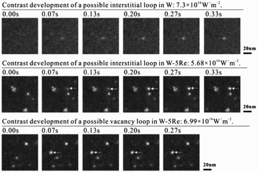 12 TEM micrographs showing steady formation and growth of interstitial loops over 0.3 s and sudden appearance of vacancy loopsCitation21