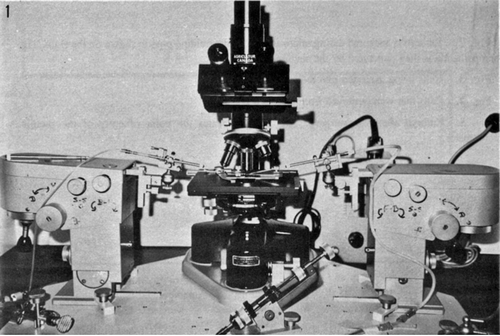 Figure 3. A typical embryology microinjection set-up, showing two Leitz micromanipulators and a microscope. From Betteridge, Hare & Singh, ‘Approaches to Sex Selection,’ 117. Reproduced with permission.