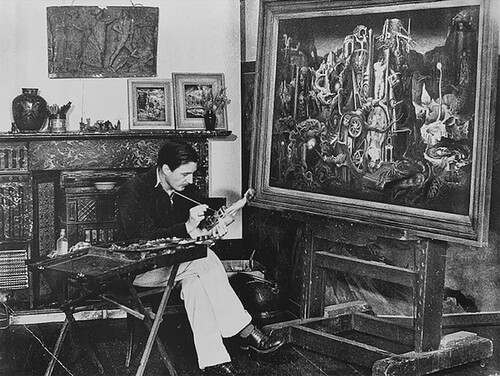 James Gleeson in his studio at the Abbey with his painting Agony in the Garden, 1948, image: courtesy of Estate of James Gleeson, Art Gallery of New South Wales