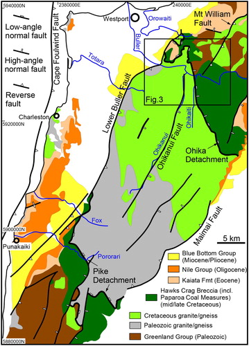 Figure 2. Tectonic map of the Paparoa Metamorphic Core Complex (modified from Nathan et al. Citation2002) showing the mid Cretaceous Ohika and Pike low-angle detachment faults, NNE-striking high-angle normal faults and shallower dipping Lower Buller and Maimai reverse faults (after Seward and White Citation1992; Ghisetti and Sibson Citation2006; Schulte et al. Citation2014). Map coordinates refer to New Zealand Map Grid which uses the New Zealand Geodetic Datum 1949.