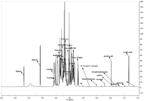 Figure 1. Representative 1H nuclear magnetic resonance (NMR) spectrum of fermented date fruit from 1 ppm to 6 ppm with the identified metabolites.
