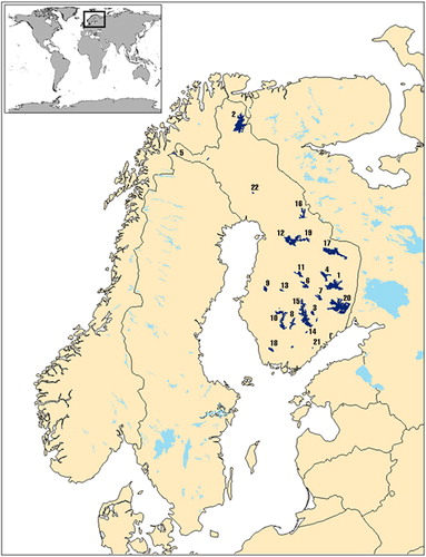 Fig. 1 Location of lakes within the HIRLAM domain over Northern Europe and selected lakes (dark blue) from SYKE's in-situ measurement sites in Finland.