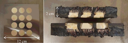 Figure 5. Metallic plate with ceramic pellets used for laser cutting and provided by IRID in the frame of the project. Left: top view before cutting. Right: side view after laser cutting.