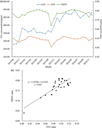 Figure 7. Monthly CO2 concentration and vegetation indices, NDVI and EVI (a); correlation between NDVI and EVI (b).