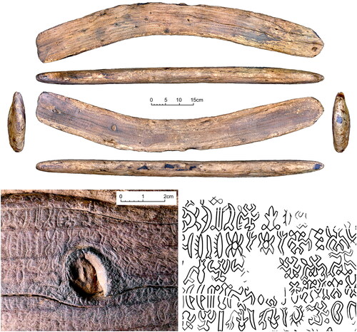 Figure 1. The Berlin rongorongo tablet. Orthographic views are rendered from a textured 3D model obtained with photogrammetric reconstruction from a set of digital photographs. The better-preserved side features patches of brown wood (illustrated in close-up photograph that covers the area around the largest knot) with lines of rongorongo glyphs arranged in inverse boustrophedon fashion (the neighboring lines go in the opposite direction and are turned upside-down in respect to each other). Glyphs were carved with a sharp implement into a set of shallow grooves (flutes).