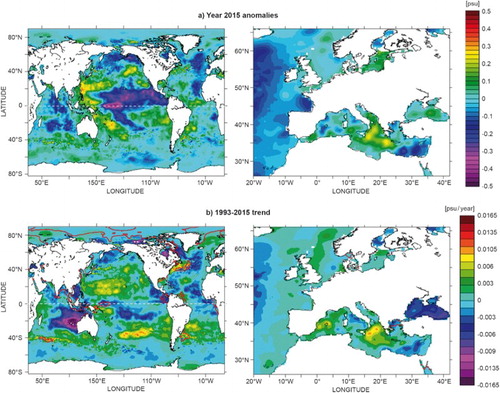 Figure 8. Horizontal maps (global and zoom over the European Seas) of near-surface (10 m) salinity (a) anomalies in 2015 relative to the climatological period 1993–2014 (units are psu) and (b) trends during the period 1993–2015 (units are psu/year, the red line corresponds to the areas where the formal error adjustment of the least-square fit is greater than 0.001 psu/year), see text for more details on data use.