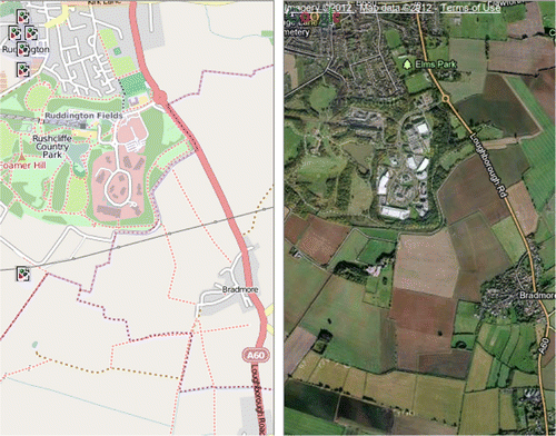 Figure 1. An example of urban meets rural in OSM in Nottingham, UK. The OSM map is compared with Google aerial imagery of the same location.