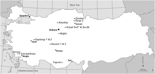 FIGURE 1. Early and middle Miocene sciurid rodent tooth localities in Anatolia, Turkey: Kargı 2; Kılçak 0, 0”, 3a, and 3b; Harami 1 and 3; Keseköy; Yapıntı; Kaplangı 1 and 2; Zambal 1; Sarıçay; Bağiçi; and Yenieskihisar. All these localities are situated in lacustrine deposits.
