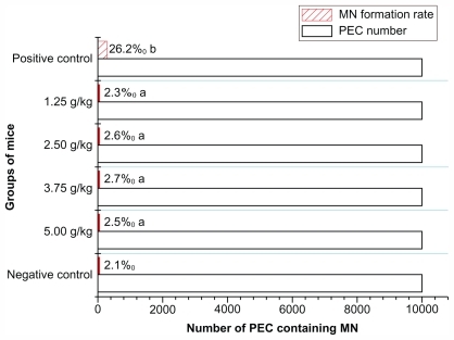 Figure 4 The results of MN test of Fe3O4@Au composite magnetic nanoparticles.Notes: n = 10. aP > 0.05, MN formation rates of Fe3O4@Au groups compared with negative control; bP < 0.05, MN formation rates between Fe3O4@Au groups and positive control.Abbreviations: MN, micronucleus; PEC, polychromatic erythrocytes.