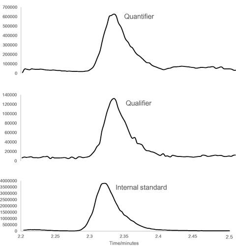 Figure 1. Typical chromatogram for a patient sample at a fairly low level of 35 nmol/L 5-HIAA.