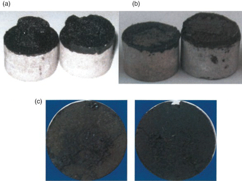 Figure 7. Loci of failure for moisture-induced damage in aggregate–asphalt mastic systems showing effect of conditioning time and aggregate type. (a) Mastic containing limestone aggregate and limestone filler (LA+LF) after 20 hours of moisture conditioning, (b) mastic containing granite aggregate and limestone filler (GA+LF) after 20 hours of moisture conditioning and (c) mastic GA+LF after three 168 hours of moisture conditioning. Stripping of mastic containing granite aggregates was more severe than limestone aggregate mastics.
