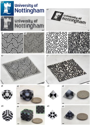 Figure 5. Exemplars of both 2D and 3D structure prints with the slicing software that considered advance distance and in-line adjusting nozzle speed. (a) Logo of University of Nottingham; Scale bars, 10 mm; (b) 2D print of repeat pattern; Scale bars, 10 mm; (c) 2D print of random patterns; Scale bars, 10 mm; (d) 3D cube with black and white voxels; Scale bars, 4 mm; (e) 3D pyramid with black & white voxels; Scale bars, 4 mm.