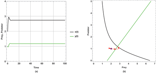 Figure 3. Prey predator dynamics of the system (1) when (m=3.0): (a) time series (b) nullclines and phase portrait trajectories. Other parametric and initial values are: r=1, k=6, α=0.8, u=0.5, e=0.4, x(0)=2, y(0)=1.