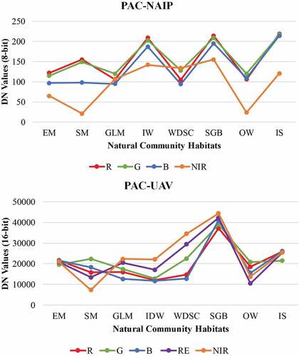 Figure A1. Spectral reflectance signatures for PAC study area shown using NAIP (8-bit-unsigned) and UAV (16-bit-unsigned) imagery DN Values.