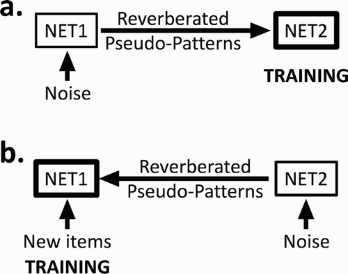 Figure 2. Flow of information between the two coupled hetero-associative GDN networks, NET1 and NET2: (a) Stage I: once trained, NET1 generates RPPs from random noise and NET 2 is trained on these RPPs; (b) Stage II: once NET2 trained, NET1 is trained on both new items and on RPPs generated from random noise in NET2. See main text for details.