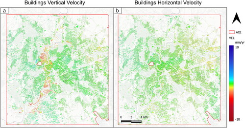 Figure 11. Buildings’ vertical (a) and horizontal (b) displacement rates (i.e. velocity) derived from the grid-based synthetic datasets (Figure A2) and assigned to the entire built-environment under investigation. EPSG:4326.