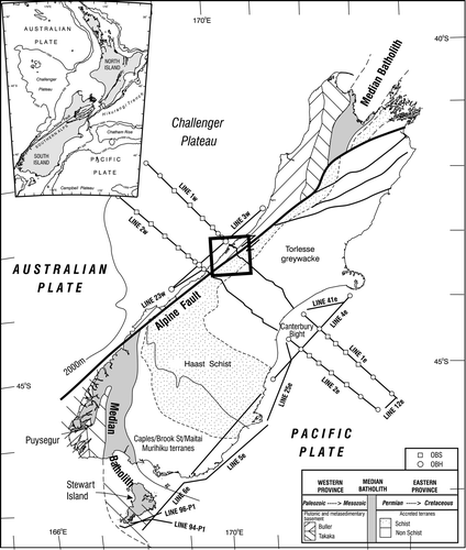 Fig. 1  Location of the Whataroa survey shown by the black outline box (also extent of Fig. 2). SIGHT seismic lines are shown by medium lines labelled with line number; Transect 1 extends from line 1w to line 1e, Transect 2 from line 2w to line 2e. Alpine and Marlborough faults shown by bold lines. Generalised geology. Modified with permission of the American Geophysical Union from Fig. 1 in Davey (Citation2005).