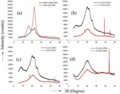 Figure 5. X-ray diffraction patterns of (a) raw cotton and jute fibers; (b) 1.5, (c) 2 and (d) 3.5 wt% JNFs and CNFs.