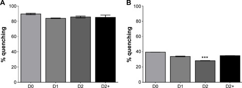 Figure 5 Quenching of free or NP-formulated curcumin fluorescence.Notes: Free or NP-formulated curcumin were stored at 25°C under light and analyzed after 0 (D0), 1 (D1), or 2 days (D2). An extra-day at 37°C (D2+) was included to study PLGA-NP maturation and its effect on curcumin availability. Free or NP-formulated curcumin were loaded in a 96-well plate with ATTO540Q quencher to inhibit the autofluorescence of curcumin. Results are expressed in percentage of quenching compared to unquenched conditions. (A) Free curcumin fluorescence is quenched by ATTO540Q and no variation was observed. (B) Partial quenching of NP-formulated curcumin fluorescence was observed. After 2 days of incubation, quenching decreased indicating that curcumin was less accessible to the quencher. Quenching was restored by an additional 1-day incubation at 37°C showing that curcumin accessibility was renewed. ***P<0.005 versus all conditions. Results are expressed in mean ± SEM.Abbreviations: NP, nanoparticles; PLGA, poly-lactic-co-glycolic acid; SEM, standard error of the mean.