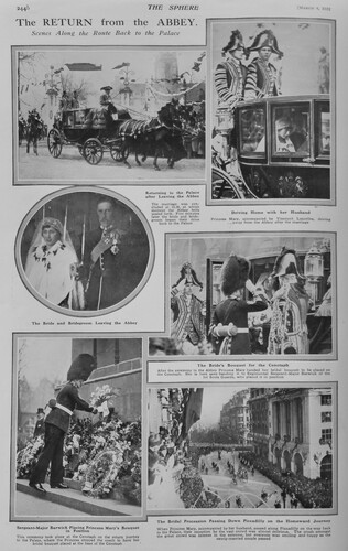 Figure 5 Photographs from the return procession after the wedding of Princess Mary and Viscount Lascelles, including the laying of Princess Mary’s bridal bouquet at the Cenotaph, published in ‘The Return from the Abbey. Scenes along the Route Back to the Palace’, The Sphere LXXXVIII:1154, 4 March 1922.(Author’s collection)