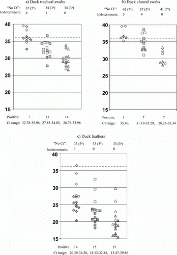 Figure 2.  Distribution of Ct values for different types of clinical specimens from ducks tested by both M-gene RRT-PCRs and the H5 HA2 RRT-PCR. Specimens from all 48 ducks included (a) tracheal swabs, (b) cloacal swabs and (c) feathers. All were tested by the three RRT PCRs described in Fig 1, and details are as explained in the footnote to the preceding figure. Fig 2 includes VI results for 32 duck specimens.
